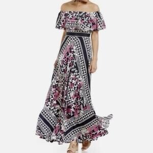 Eliza J Blue&Pink Tropical Leaf Scarf Print Off The Shoulder Maxi Dress Sz.16W